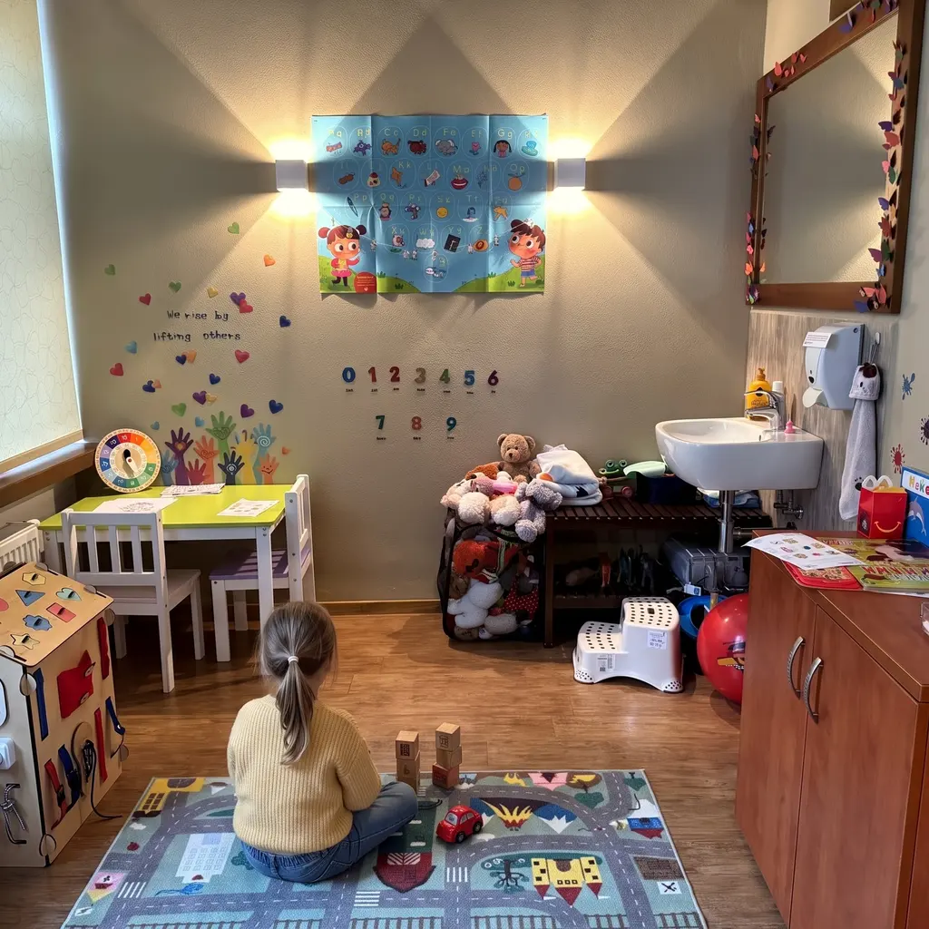 Holčička si hraje s kostkami na koberci v dětském koutku My Way Academy