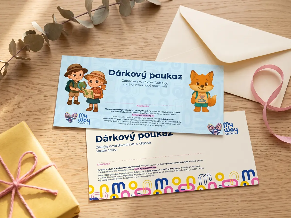 Dárkové poukazy My Way Academy pro děti a pro dospělé s obálkou a dárkem