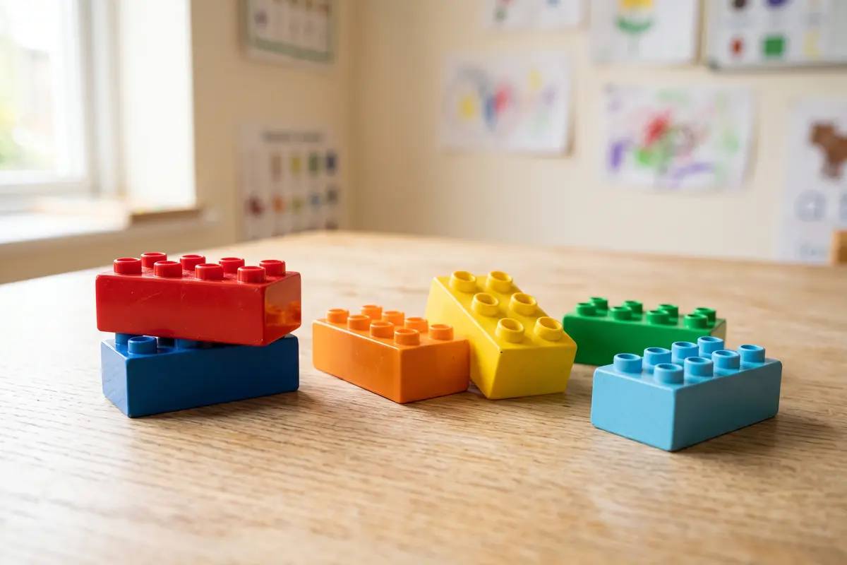 Šest barevných kostek Six Bricks na dřevěném stole v učebně